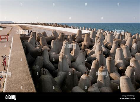 Tetrapods along the waterfront sea wall, port breakwater concrete ...