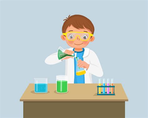 cute little boy scientist with safety goggles mixing chemical liquid in ...