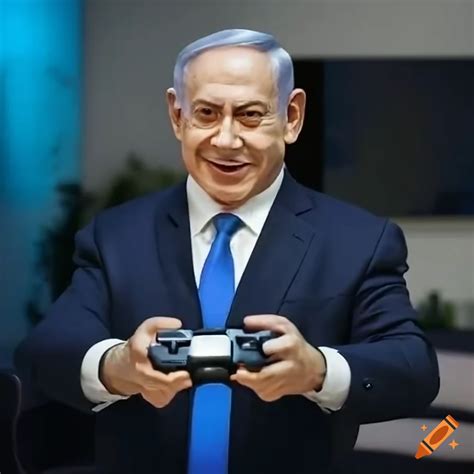 Benjamin netanyahu playing video games in a modern living room on Craiyon