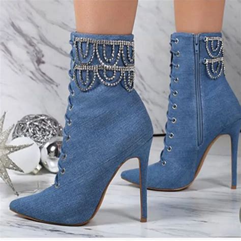 Ladies Bling Crystal Chains Peep toe Denim Boots High heels Ankle Boots ...