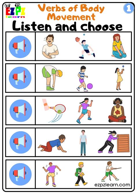 Verbs of Body Movement Interactive Vocabulary Worksheet Listen and Choose the Correct Images for ...