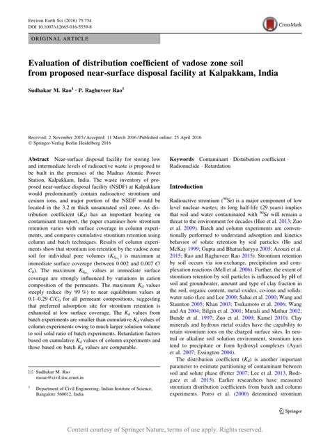 Evaluation of distribution coefficient of vadose zone soil from ...