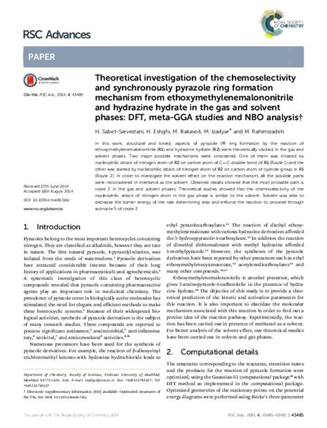 (PDF) Theoretical investigation of the chemoselectivity and synchronously pyrazole ring ...