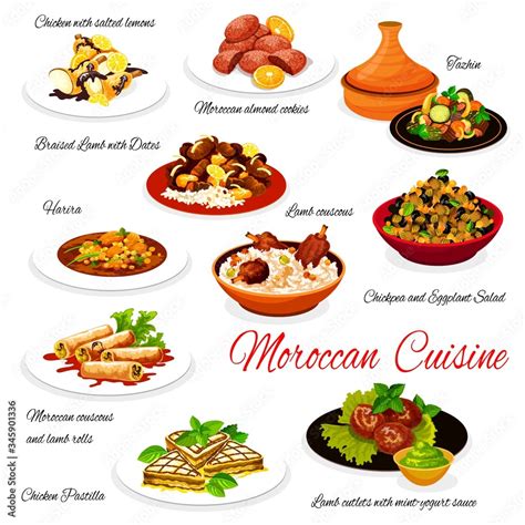 Moroccan cuisine dishes, Morocco authentic restaurant menu, vector food. Moroccan almond cookies ...