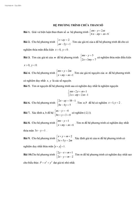 BÀI TẬP HỆ PHƯƠNG TRÌNH CHỨA THAM SỐ TOÁN LỚP 9 - HOCMAI