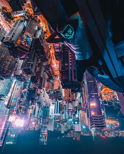 Wallpaper : Simon Zhu, Hong Kong, mask, neon, rooftops, skyscraper, urban, architecture ...