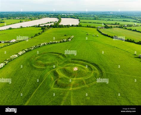 Aerial view of the Hill of Tara, an archaeological complex, containing a number of ancient ...