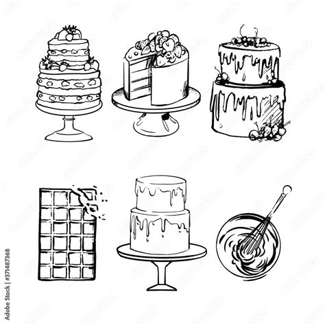 Hand drawing illustration set of cakes and chocolate, cream. black and ...