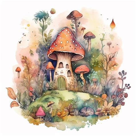 Premium AI Image | A watercolor painting of a mushroom house in a forest