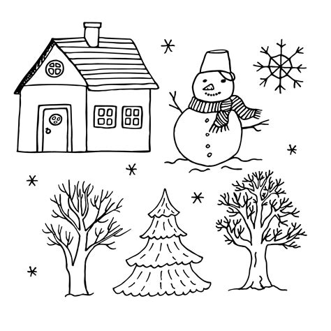 Doodle set of winter object such as tree, snowman, house on white ...