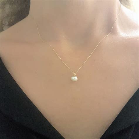14K Real Solid Yellow Gold Pearl Pendant Necklace for Women | 6mm Pearl