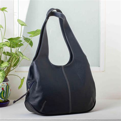 Navy Blue Leather Hobo Bag - Urban Navy | NOVICA