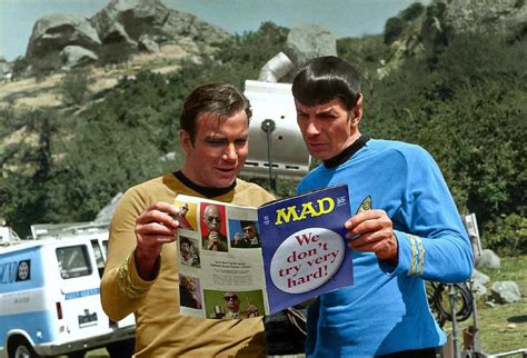 William Shatner and Leonard Nimoy on location in full costume before or ...