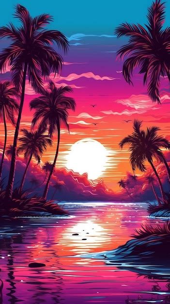 Premium AI Image | A painting of a tropical sunset with palm trees and the sun shining through ...