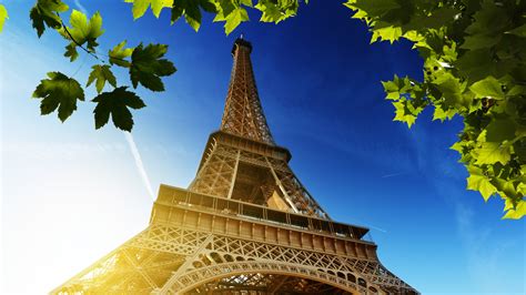 Upward View Paris Eiffel Tower With Blue Sky Background And Green Leaves HD Travel Wallpapers ...