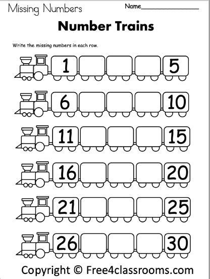 Free Kindergarten Math Worksheets – Missing Numbers 1 to 30 ...