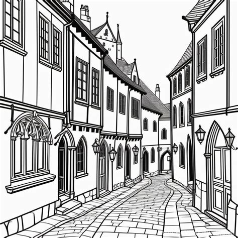 Medieval Street in Monochrome Illustration | Stable Diffusion Online