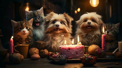 Pets' birthday. Cats and dogs sit near a birthday cake with candles at ...