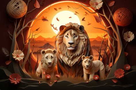 Lion and Cubs in the Forest at Sunset Stock Illustration - Illustration ...