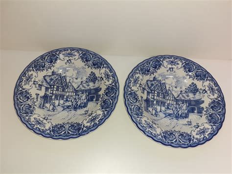 Vintage Staffordshire Tableware Blue White Staffordshire Life Pattern Set of 2 Soup Plates 9 1/4 ...