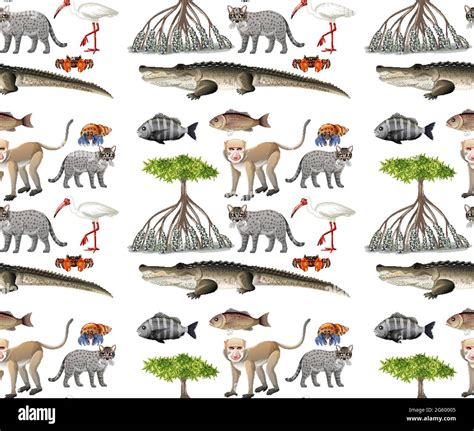 Seamless pattern with various mangrove animals in cartoon style illustration Stock Vector Image ...