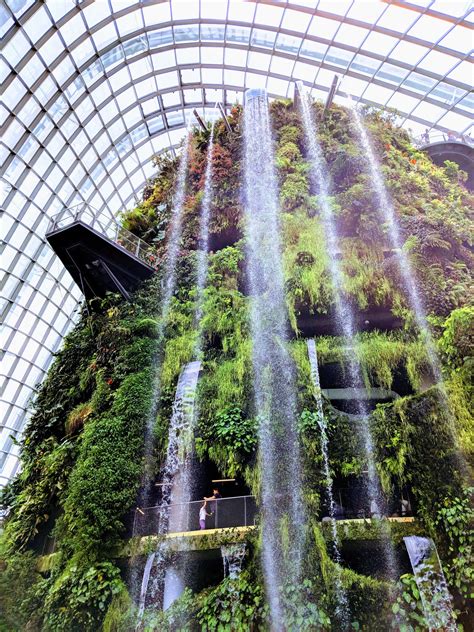 Cloud Forest waterfall in Gardens by the Bay Singapore. This dome has is highly self-sufficient ...