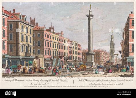 A print coloured engraving of the Monument to the great fire of London in 1752 Publisher Robert ...