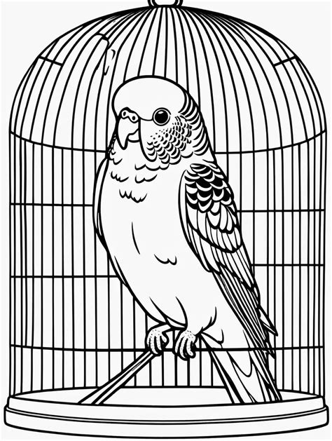 Coloring Page Playful Budgie in a Captivating Cage | MUSE AI