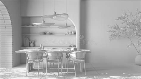 Total White Project Draft, Modern Dining Room Interior in Country Apartment, Craft Wooden Table ...