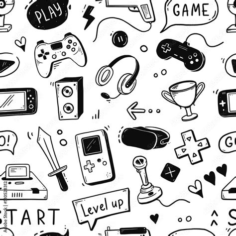 Video game hand drawn doodle seamless pattern. Video gamer console, joystick, controller element ...