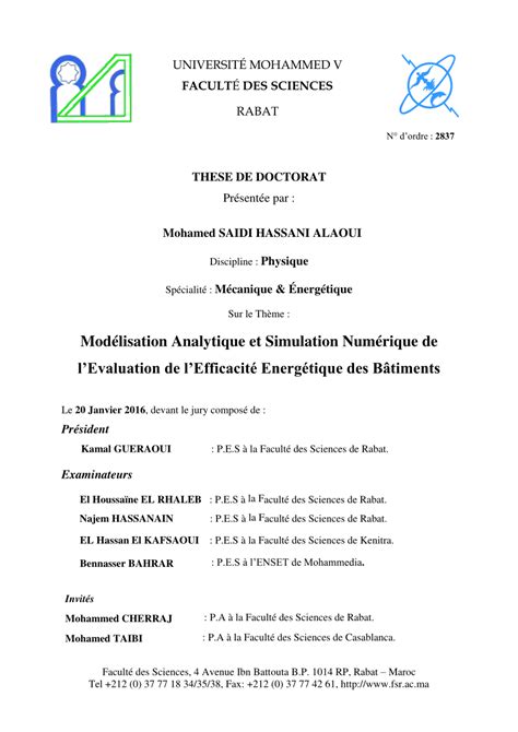 (PDF) THESE DE DOCTORAT Présentée par : Mohamed SAIDI HASSANI ALAOUI Modélisation Analytique et ...