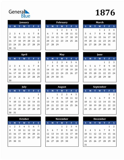 Free 1876 Calendars in PDF, Word, Excel