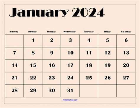 2024 January Calendar Big Numbers One Number - Printable Monthly ...