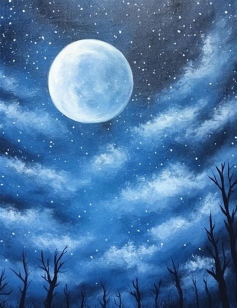 Premium AI Image | Painting of a full moon and trees in a dark blue sky ...