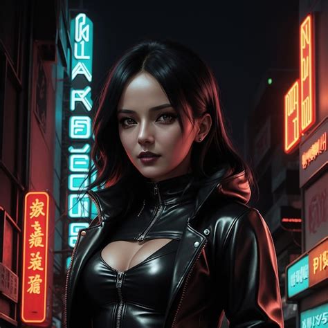 Premium AI Image | cyberpunk girl character wearing leather jacket with neon sign background