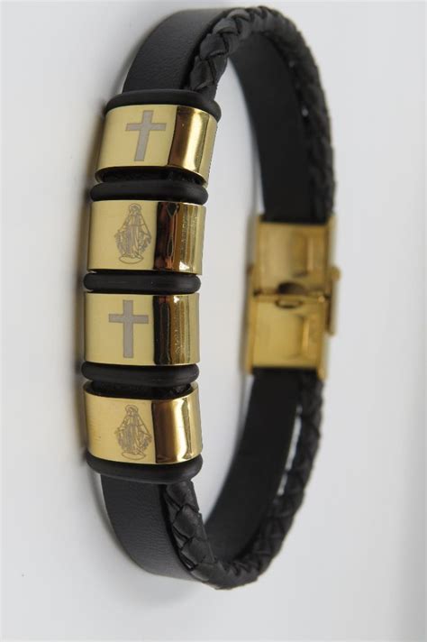 Cross & Virgin Mary Image Black Leather Bracelet - Afandee Lebanon