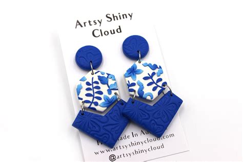 COBALT blue and white porcelain earrings, Polymer clay earrings, Clay jewellery, Statement ...