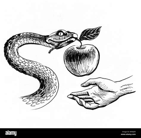 Snake apple and hand. Ink black and white illustration Stock Photo - Alamy