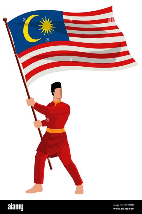 Vector illustration of a man in malay traditional costume holding the flag of Malaysia Stock ...