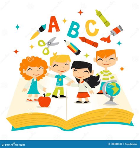 Retro Kids Happy Learning School Book Stock Vector - Illustration of learning, school: 130888342