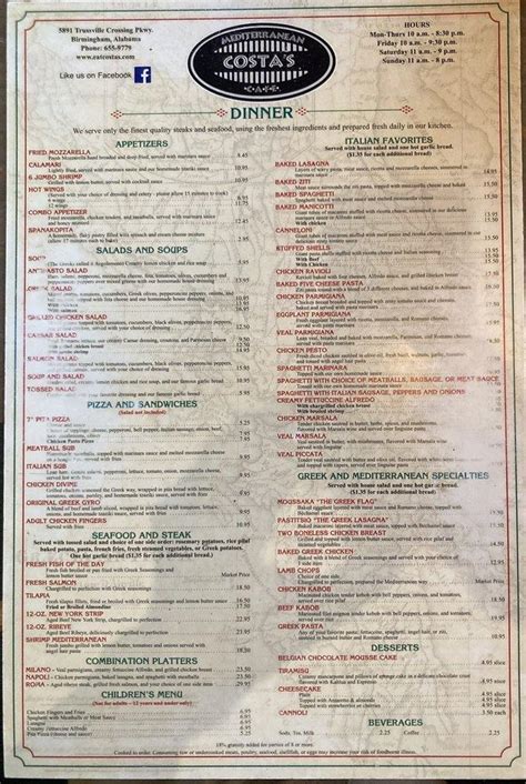 Menu at Costa's Mediterranean Cafe, Birmingham, Trussville Crossings Pkwy