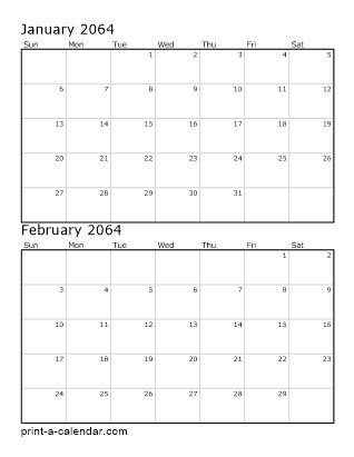 2064 Two Months per page vertical stacked printable calendar