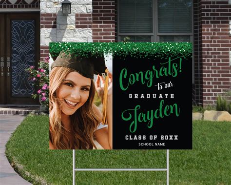 Graduation Yard Sign Template Photo Lawn Sign, Green and Black Graduation Party Decor, Glitter ...