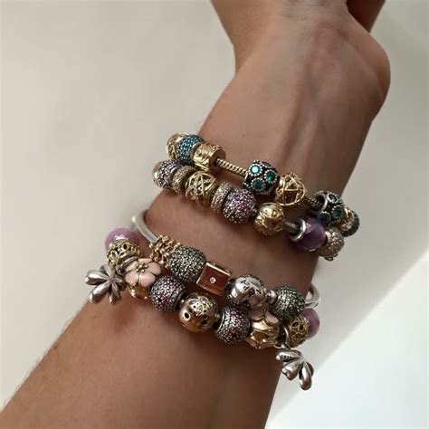 PANDORA 4 Bracelet Stack with Gorgeous Gold and Silver Charms and ...