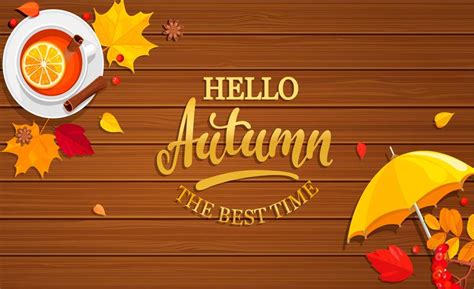 Hello Autumn banner on wooden background. 416963 Vector Art at Vecteezy