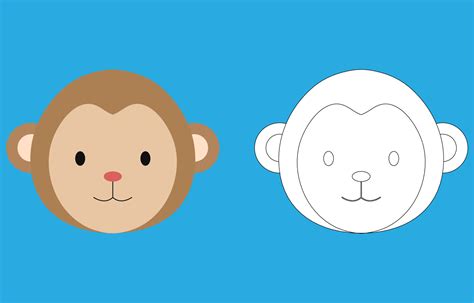 Monkey face cartoon character. Cute outline monkey animal face coloring book for kids. Vector ...