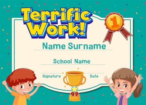 Premium Vector | Certificate template for terrific work award with happy kids