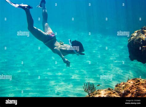 Woman in snorkeling mask diving with photo camera, Cuban coral reef Stock Photo - Alamy