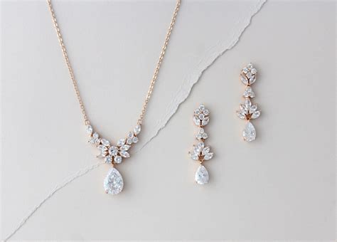 Rose gold Bridal jewelry set, Rose gold Bridal necklace and earrings ...