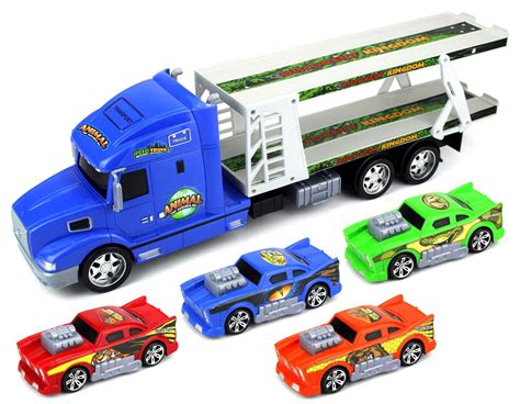 Animal World Car Trailer Children's Friction Toy Transporter Truck Ready To Run 1:24 Scale w/ 4 ...